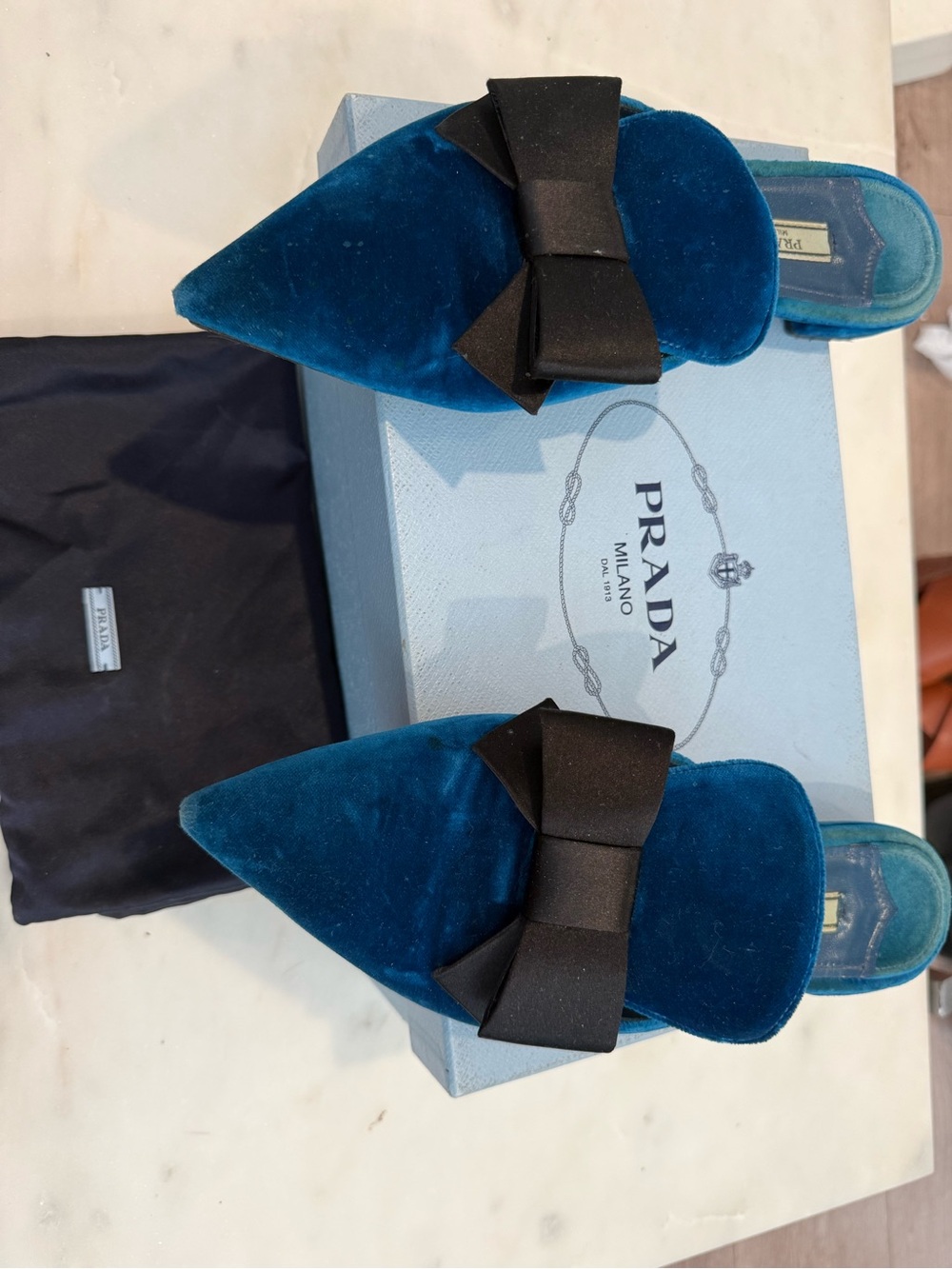 Prada Teal Velvet Pointed Bow Mules - Prada